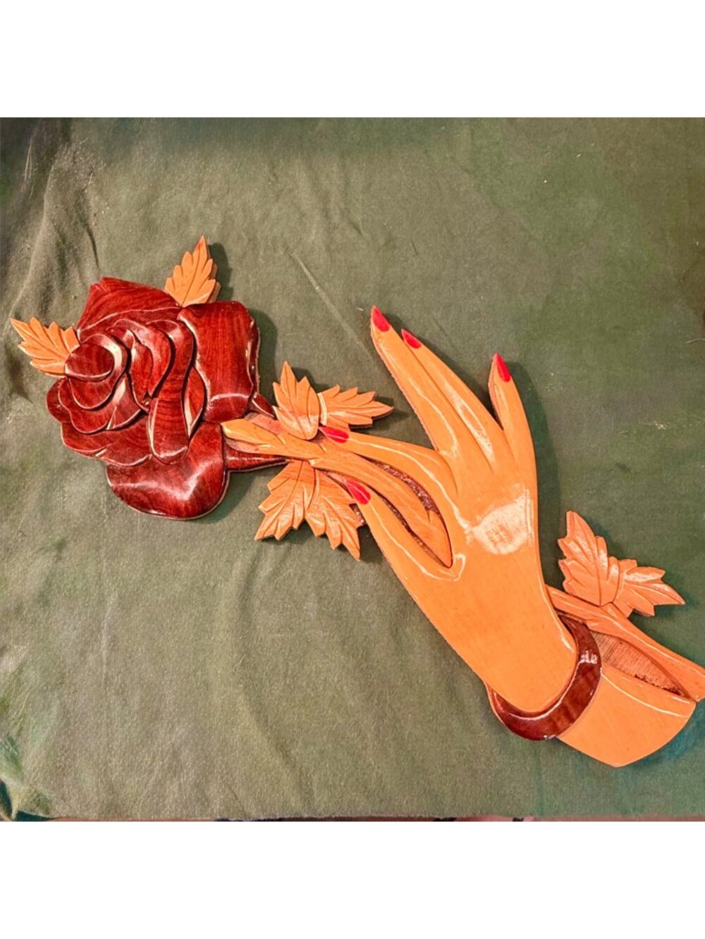 Handcrafted Wooden Rose & Hand Wall Art Decor Intricate Detailing Glossy Finish